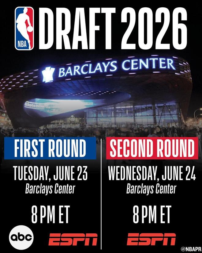 官方：2026NBA选秀大会将于6月24-25日在篮网主场举办