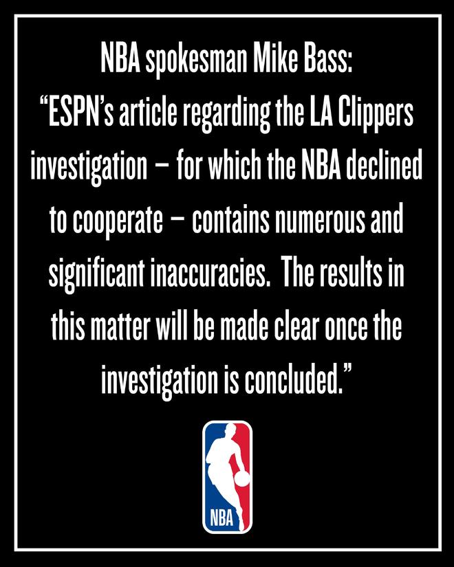 NBA官方:ESPN关于伦纳德“阴阳合同”事件的报道存在大量不实