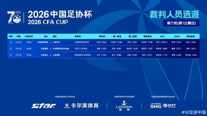 足协杯1/4决赛裁判安排：马宁执法泰山vs海港，高鹏主哨国安