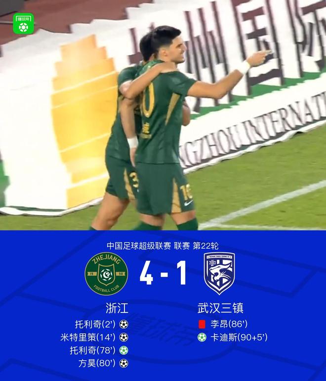 浙江4-1大胜三镇，托利奇2射1传，米特里策传射，李昂飞踹染红